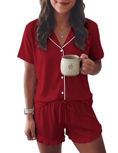 Image of Ekouaer Womens Pajama Sets Button Down Short Sleeve Top and Shorts Cute Ruffled Pjs Sets Sleepwear
