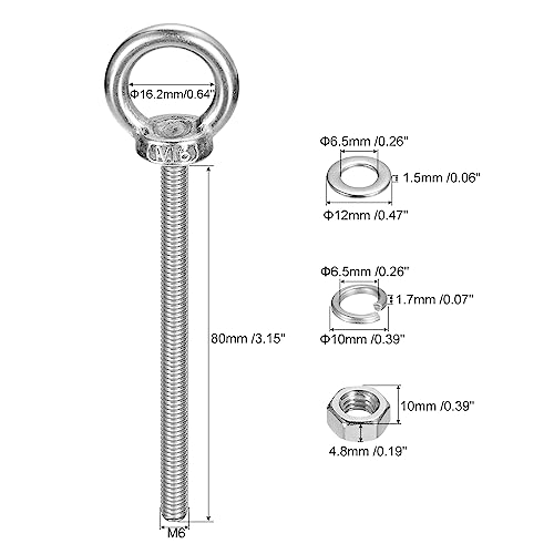 Image of uxcell Lifting Eye Bolt, 2 Sets M6x80mm Eye Bolt with Nut Washer 304 Stainless Steel Shoulder Lifting Ring Eye Bolt for Hanging Item