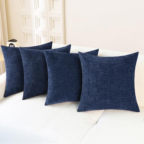 Image of CaliTime Throw Pillow Covers Decorative 18 X 18 Inches Pack of 4 Cozy Chenille Cushion Cases for Couch Sofa Bed Living Room Home Navy Blue