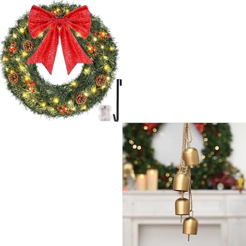 Christmas Wreaths for Front Door - 24inch Christmas Wreath with Lights 60led - 140pvc Tips Artificial Prelit Outdoor Christmas Door Wreath with Red Bows, Gold Christmas Bells for Decorations Cover