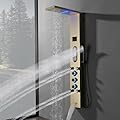 Bathfinesse Gold Shower Tower, Bathroom Shower Panel System with Large Area Body Jet Massage Shower Fixtures with Temperature Display Adjustable Body Jets Tub Spout Hand Shower, Brushed Gold