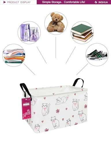 Image of Rectangular Storage Basket with Handles Gift Basket Room Decor Nursery Bin Organizer Box (Rec-Love cat)