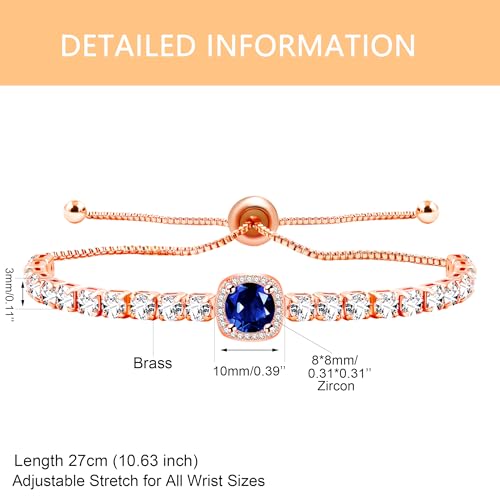 Image of Rose Plated Gold Brass Box Chain Cubic Zirconia Classic Tennis Slider Adjustable Bracelet, Round Big Zircon Charm Give Woman Mom Mother's Day Fashion Crystal Gift