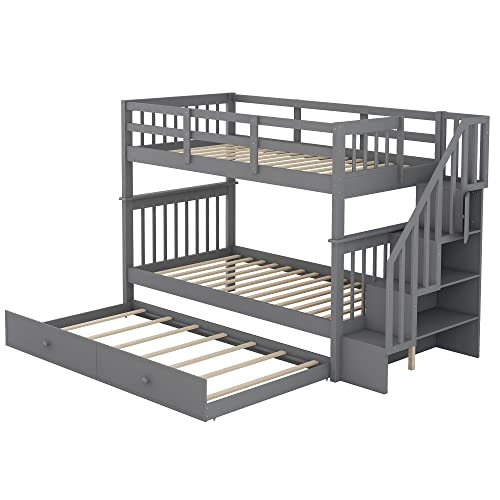 Biadnbz Stairway Twin Over Twin Bunk Bed With Trundle And Storage Stairs, Solid Wood Bunkbeds Frame W/Safety Guardrails, Bedroom Furniture For Kids Teens Adults, Gray #TOP6