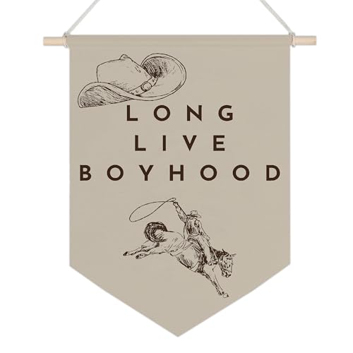 Image of LZYRF Western Farmhouse Cowboy Wall Banners, Long Live Boyhood Hanging Pennant Banner Flags, Retro Cowboy Wall Art for Boys Room Bedroom Home Farmhouse Decor