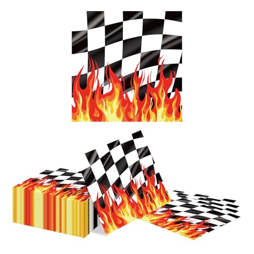Kotkiddy 40 Serviettes de Moto 33x33 cm Noir et Blanc à Carreaux avec Design de Flammes jetables en Papier fête d'anniversaire déco de Table pour fête de...