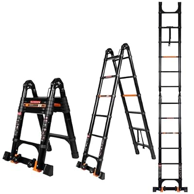 Wolec 12.5FT A-Frame Telescoping Extension Ladder with Wheels, Black