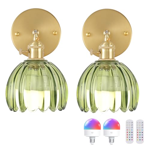 Shenmoyl Vintage Battery Operated Wall Sconce with Green Tulip Glass Lampshade 5000 mAh Rechargeable Battery Powered Wall Light with Remote Control for Bedside Bedroom Doorway, Set of 2 by Shenmoyl - Used condition - US$49.99