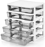 DEAYOU 5 Drawer Desktop Storage Bin Unit, Small Plastic Organizer, White Frame with Clear Drawer, Mini Container Case for Desk, Storing Craft, Accessory, Stationery