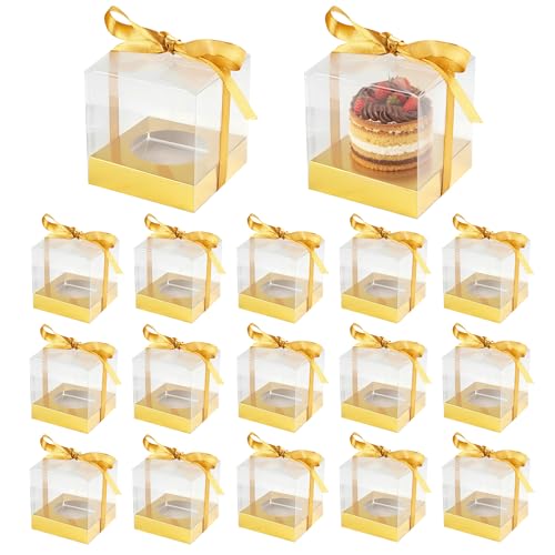 WENLISELL 24 scatole singole per cupcake, 9 x 9 x 9 cm, trasparenti con base, contenitori dorati per cupcake, per compleanni, matrimoni, feste