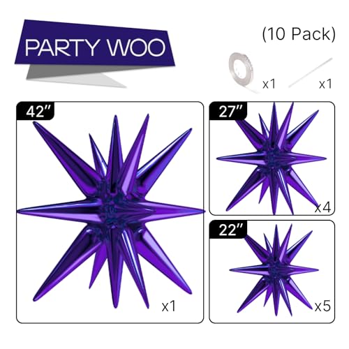 Image of PartyWoo Purple Star Foil Balloons 10pcs Different Sizes Pack of 42 27 22 Inch Large Lavender Explosion Spike Mylar Balloons for Birthday Bachelorette Anniversary Princess Party Decorations