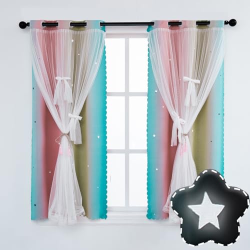Image of Yancorp Curtains for Girls Bedroom Kids Room Curtain Colorful Window Nursery Curtain 63 inches Length Room Darkening Grommet 2 Layers (Baby Pink Blue, W34 X L63)