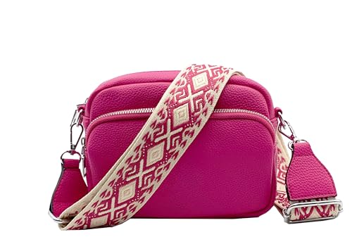 stylx Crossbody Bag Damen Leder Breiter Gurt Handtasche Umhängetasche Moderne Taschen mit breitem Schultergurt,Abnehmbarer Schultergurt,Schwarz. (fuchsia)