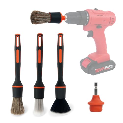ETOUPA Car Drill Brush, 4Pcs Detachable Car Detail Drill Brush Set(Soft No Scratch Hair, Boar Hair, PP Bristis, Drill Brush Attachment Head), Drill Brush for Air Vent Automotive Interior Exterior