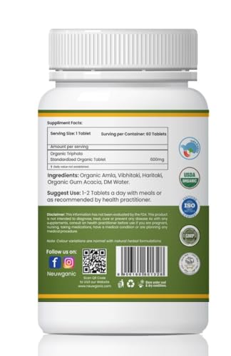 Image of Organic Triphala Tablets - 600 mg 60 Tablets - Improves Digestion - Improves Bowel Wellness - Supports Detoxification - Maintains Healthy Gut
