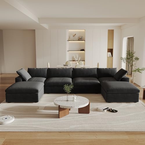 Cloud Couch Modular Sectional Sofa with 2 Storage Ottomans,160.6" U Shaped Couch,6 Seater Minimalist Wide Deep Seat Convertible Couches, Covers Washable&Replaceable,Black