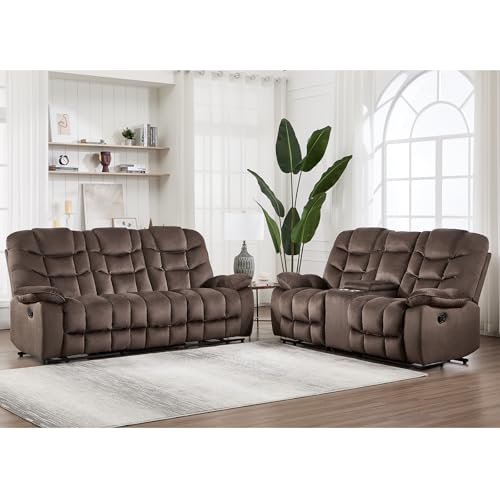 Image of HAOMARKETS 2-Piece Manual Recliner Sofa Set, Include 2-Seater Loveseat Recliner Couch Featuring Hidden Storage & Cup Holders and 3-Seat Reclining Sofa for Living Room, Brown