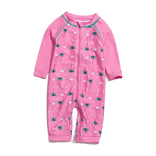 Baby Girl Sunsuits Full-Length Zipper UPF 50+ Sun Protection One Piece Swimwear with Sun Cap (Pink Trees, 6-9Months)