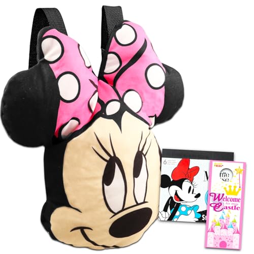 Disney Minnie Mouse Backpack for Kids - Plush Minnie Backpack with Adjustable Shoulder Straps Plus Minnie Stickers and More for Girls (Minnie School Supplies)