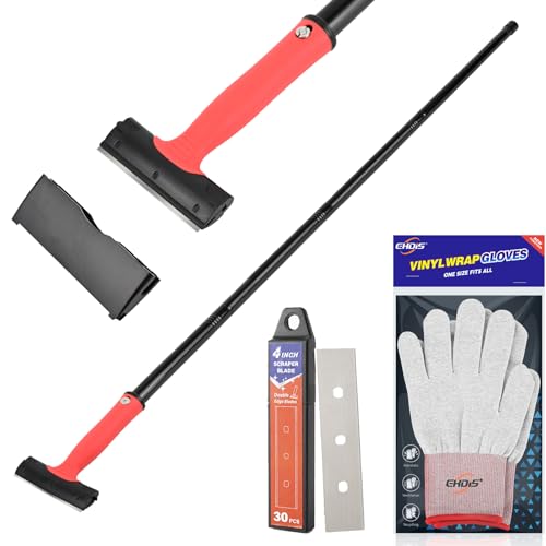 EHDIS Kit de removedor de papel pintado, raspador de ventanas con mango extensible (120 cm), 30 cuchillas de repuesto y guantes, para quitar papel pintado y pegamento para baldosas, pintura