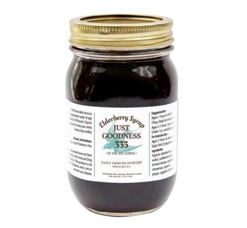 Just Goodness 333 Organic Elderberry Syrup (16 Fl Ounces) for Adults and Kids, All Natural Delicious Daily Immune Support Herbal Supplement with Antioxidants, Organic Sambucus Elderberry