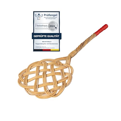 NEUSTANLO | Teppichklopfer in Sonnenform mit Handschutz | 3-fädiges Natur Rattan | länglich hell | 75x26 cm | flexibel und robust