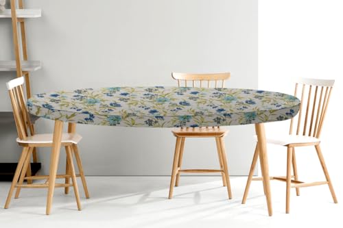 Image of The Furnishing Tree Elastic Cotton Oval Dining Table Cover 30x48 in Inches Floral Blue Leaf on offwhite Base