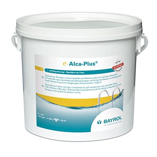 BAYROL e-Alca-Plus – granulat för att korrigera ett instabilt pH-värde på grund av låg alkalinitet – Hinken innehåller doseringskopp och plastpåse med säkerhetslås – 5 kg