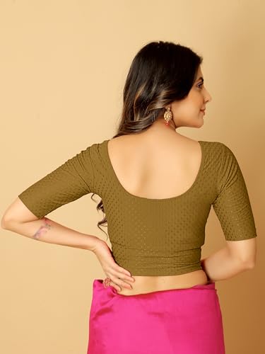 Image of Amazon Brand - Anarva Round Neck Dobby Cotton Lycra Stretchable Elbow Half Sleeve Readymade Saree Blouse for Women Stylish