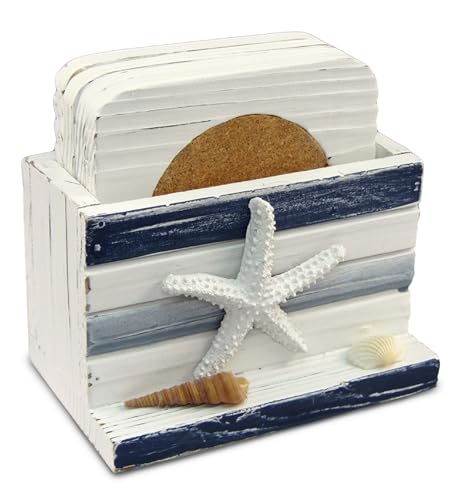 Puzzled White and Blue Stripes Wooden Nautical Coasters - Tabletop Wooden Coastal Decor for Home, Kitchen, Bar, Beach Themed Gifts Square Coasters Set of 4, Handmade Drink Coasters with Holder