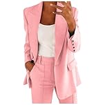 Women's Trouser Suits Wedding Guest 2 Piece Outfits Long Sleeve Button Lapel Blazer and Trousers with Pockets Elegant Lightweight Suit Ladies Formal Office Business Outfit for Autumn Winter Pink