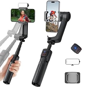 27″ Foldable Gimbal Stabilizer Portable Built-in Extension Rod & Tripod, X2 Axis Gimbal Selfie Stick with Light for Video Recording Vlogging YouTube TikTok iPhone Android Smartphone (Black)