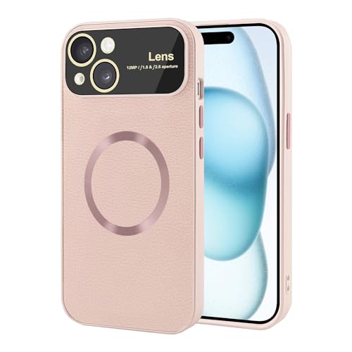 Image of Vaku Luxos Premium Polarized Leather Back Cover for iPhone 15 Plus Texture Full Lens Protection Silicon Case Scratch Resistant Slim Thin Compatible with Mag-Safe - Baby Pink