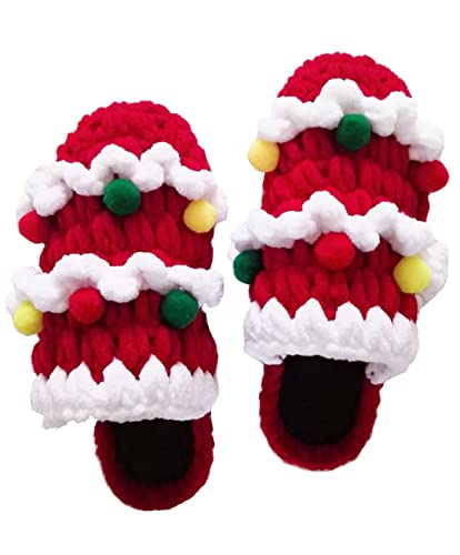 Christmas style special gift DIY handmade slippers woven cotton Children's wool slippers lovely crystal non-slip soles for male and female friends family (24-25, red)