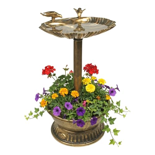 Image of GardenKraft Bird Bath with Built-In Planter, Bronze Effect Clam Shell Garden Ornament, Weatherproof Outdoor Bird Bath, 66 x 39 cm