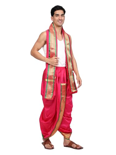 Image of Rameshwaram Fabrics Readymade Dhoti for Men, Velcro Style Stitched Mens Silk Dhoti Pant with Stole Set