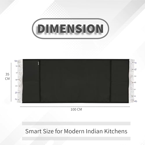 Image of Microwave Oven Cover with Tassel Lace - Waterproof Dustproof Polyester Top Cover for Kitchen with 4 Side Pockets, Modern Design, Black (100 x 35 cm)