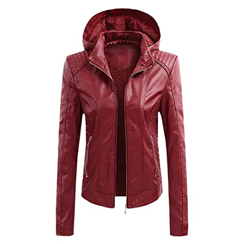 Image of Women's Genuine Leather Winter Jacket with Hood - Softshell, Long, Waterproof, Fleece, Warm, Thin, Red, Long Sleeve, Biker
