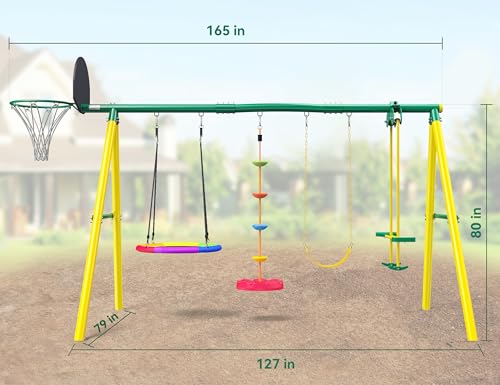 Osoeri Swing Sets for Backyard, 5-in-1 Kids Swing Set, Outdoor Swing Set with Saucer Swing, Glider, Rope Swing, and Basketball Hoop - Thumbnail 6
