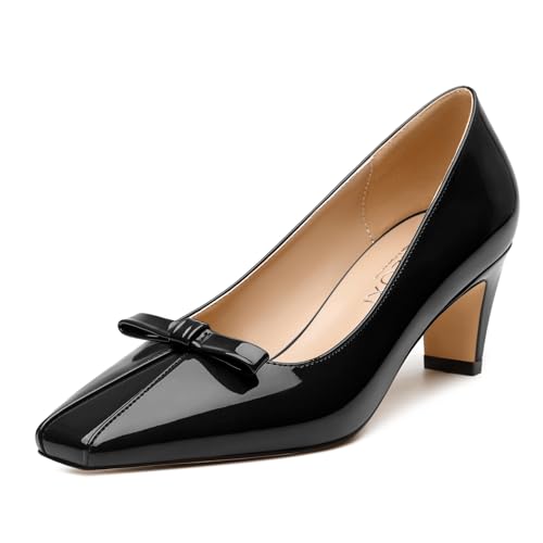 Womens Mid Heel Pump Shoes, Square Toe Bowtie Chunky Heels for Women 2