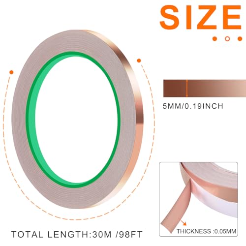 Image of Copper Foil Tape Double-Sided Conductive with Adhesive (5mm /0.2inch x 30m /98ft) 0.05mm Thickness Enhance Conductivity, for EMI Shielding Paper Circuits,Grounding