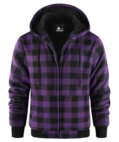 Image of geeksport Men's Fleece Jacket Men Hoodie Full Zip Fleece for Man Sweatshirt Plaid Flannel Warm Winter Coat with Hood Purple XL