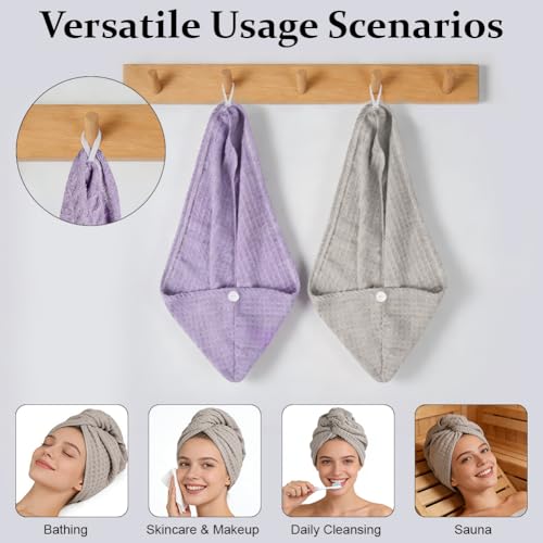 ABOHU Mikrofaser Handtuch Haare Turban, 2 Stück Haarturban mit Knopf für Lange Locken Kopf Handtücher Schnell Saugfähig, Haarhandtücher, Stabiler Halt, Super Saugfähig für Damen Kinder (Grau und Lila)