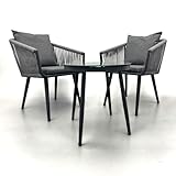 Direct Furniture Deals 3-Piece Rattan Bistro Set, 2 Chairs with Grey Cushions, Glass-Top Coffee Table, Dark Grey