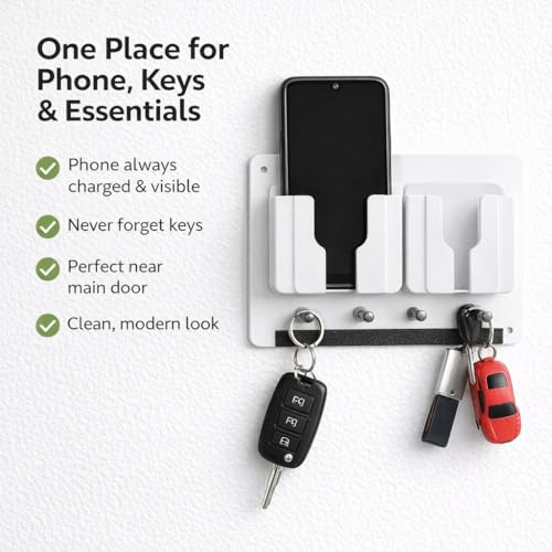 Image of Rainbow Dots Wall Mounted Key Holder with Mobile Stand | No Drilling 3M Adhesive | Phone & Key Organizer with 5 Hooks | ABS & Acrylic | for Home Entrance(2 White Mobile)