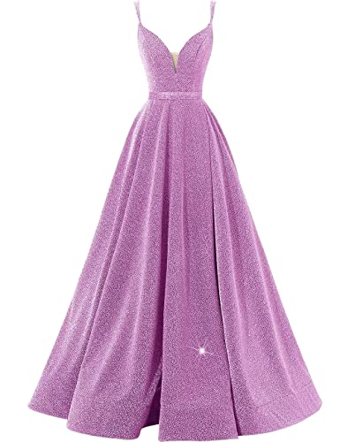 Image of Women's Glittery Spaghetti V-Neck Prom Dresses Long A Line Bridesmaid Dresses Side Split Formal Evening Gowns Lilac,US02