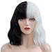 Mersi Cruella Deville Wigs for Women , 13' Short Curly Wavy Bob Hair Wig with Bangs Black White Wigs for Cruella Costume S046BW1