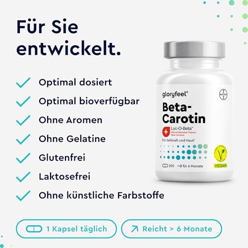 Beta-Carotin Bräunungskapseln 200 vegane Kapseln - Markenrohstoff Lyc-O-Beta® aus Blakeslea trispora - mit Karottenextrakt - Provitamin A für Sehkraft, Haut & Immunsystem* - in Deutschland entwickelt