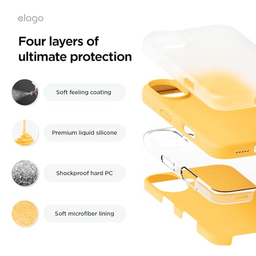 Image of elago Compatible with iPhone 16 Case, Premium Liquid Silicone Case, Full Body Protective Cover, Shockproof, Slim Phone Case, Anti-Scratch Soft Microfiber Lining, 6.1 inch (Sunshine), Yellow