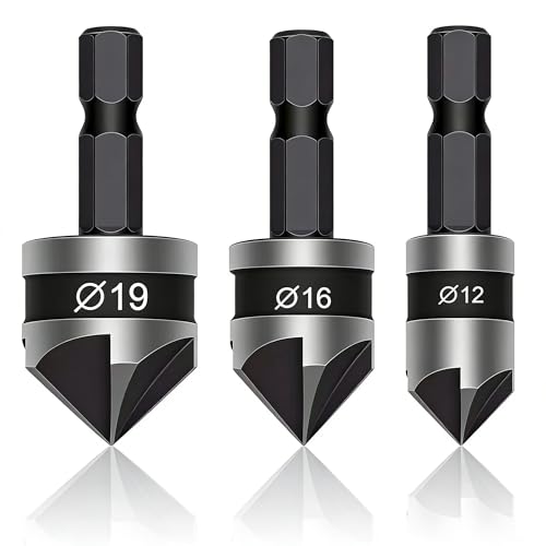 3 PCS 1/4 Inch Hex Shank, Countersink Drill Bit Hex Shank 5 Flute 90 Degree Center Countersink Bits Set 12mm 16mm 19mm for Woodworking, Wood Drill, Soft Metals (Black)